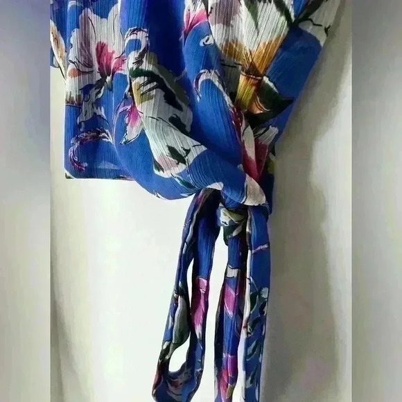 Zara Women’s Floral Blue Sheer Wrap Waist Coastal Euro Summer Boho Top XS - Picture 7 of 11